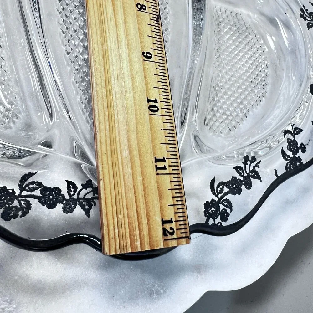 Vtg Divided Glass Relish Tray Silver Overlay Floral Rim Design Textured Sections